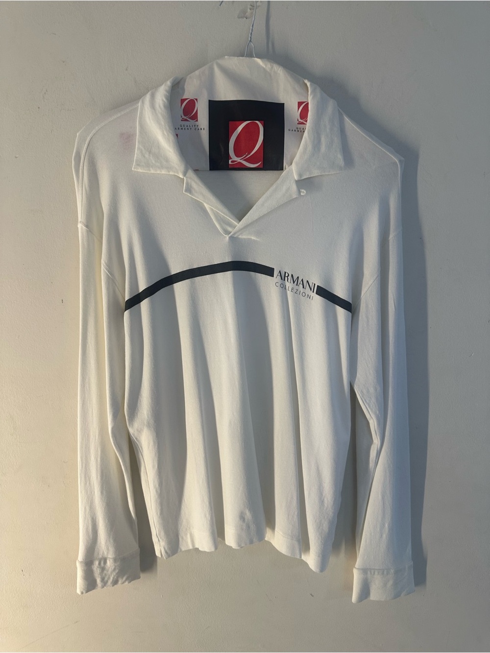 Armani Collezioni White Long Sleeve Polo with Black Chest Stripe